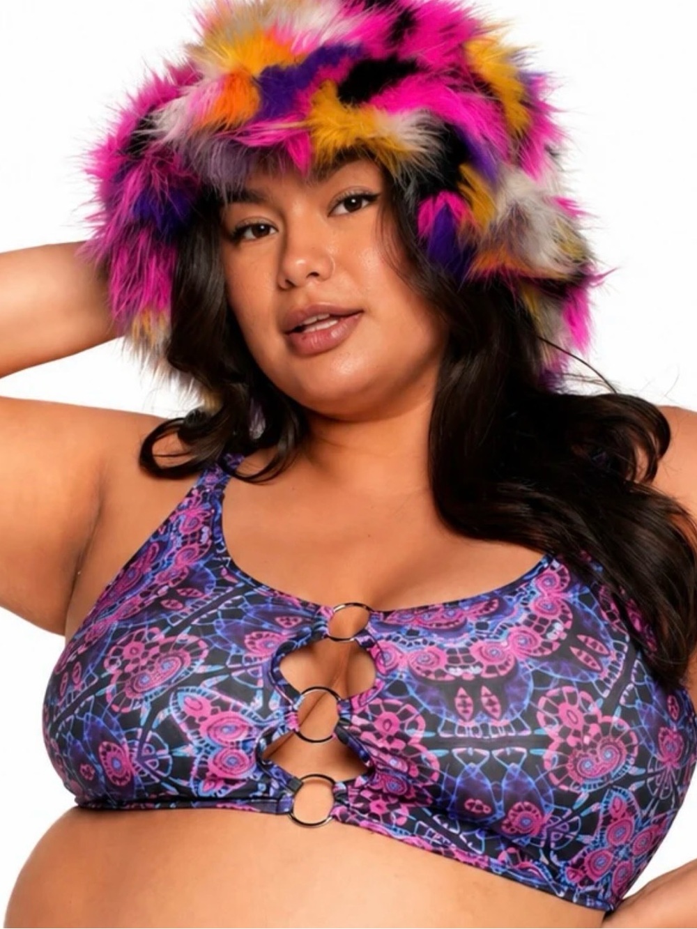 iHeartRaves Purple & Pink Floral Ring-Front Plus Size Sports Bralette